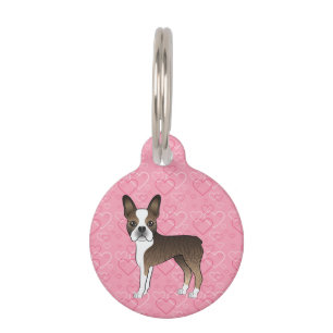 Getigerter Cartoon-Hund Boston Terrier auf rosa He Haustiermarke