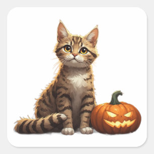 Getigertes Kätzchen Herbst Halloween Thema 🎃 Quadratischer Aufkleber