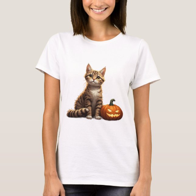 Getigertes Kätzchen Herbst Halloween Thema 🎃 T-Shirt (Vorderseite)