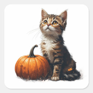 Getigertes Kätzchen im Kürbisfeld Halloween Szene Quadratischer Aufkleber