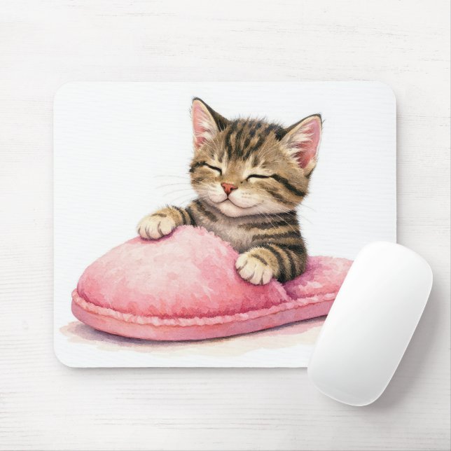 Getigertes Kätzchen schläft in einem rosa Pantoffe Mousepad (Mit Mouse)