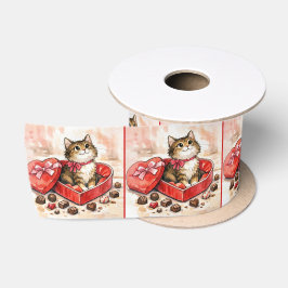 Getigete Katze in einer Valentinsherz-Pralinenbox Satinband