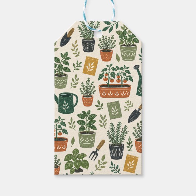 Getöpftes Kräuter- und Tomatengarten-Botanikmuster Geschenkanhänger (Vorderseite)