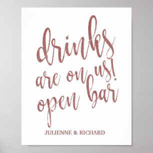 Getränke gehen auf uns! Bar Rose Gold Glitter 8x10 Poster