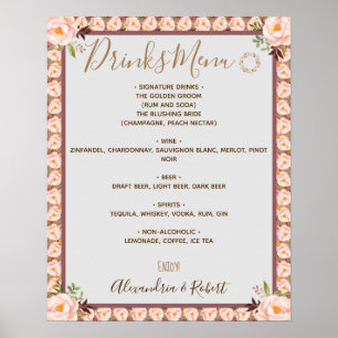 Getränke Menü Rosa Blumenrahmen Braut Hochzeitssch Poster