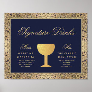 Getränke Spezialität Navy Blau Gold Rosen Hochzeit Poster