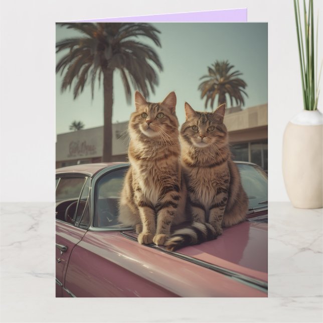 Getränkter Kater & rosa Oldtimer GEBURTSTAGSGRuß  Karte (Vorderseite)