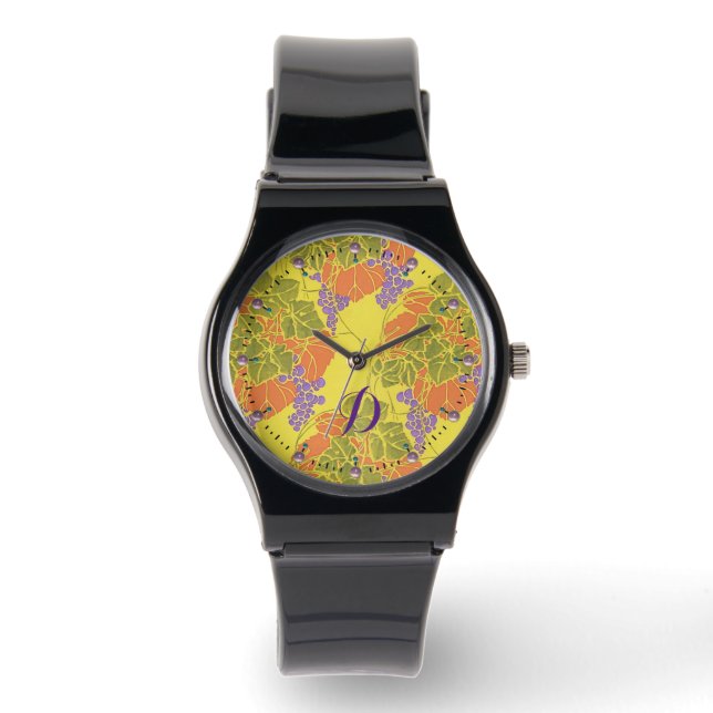 GETREIDE, WEINEN, GELBE LILA MONOGRAMM ARMBANDUHR (Vorderseite)