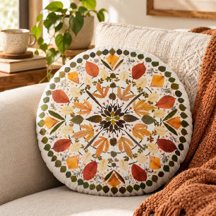 Getrocknete Blumen-Mandala l Herbstliche botanisch Rundes Kissen