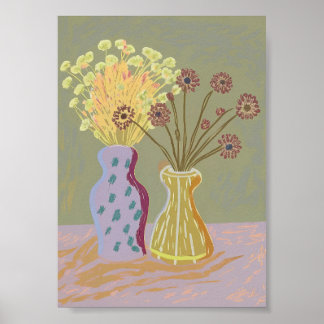 Getrocknete Blumenanordnung in gemusterten Vasen Poster