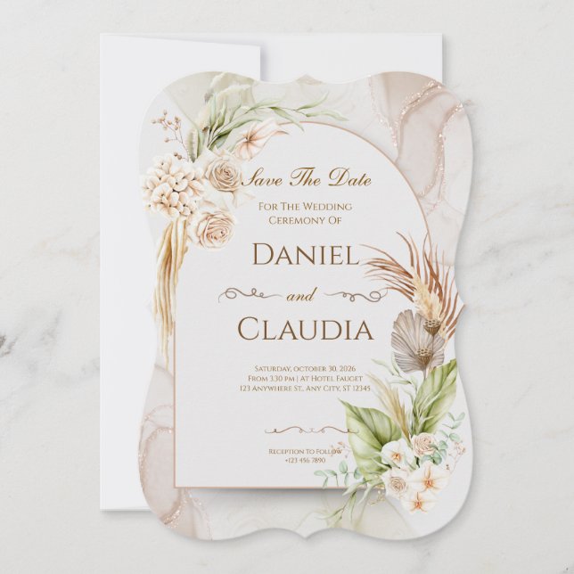 Getrocknete Blumenbogen-Hochzeitseinladung mit Gra Einladung (Vorderseite)