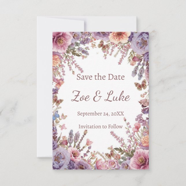 Getrocknete gepresste rosa Lavendel-Wildblume STD Save The Date (Vorderseite)