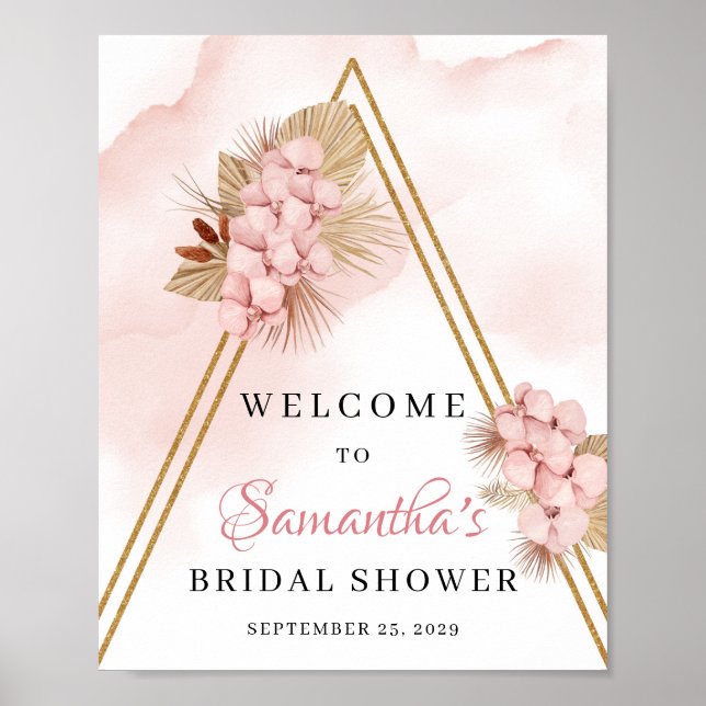 Getrocknete Palm-Blätter Rosa Blume Begrüßungszeic Poster (Vorne)