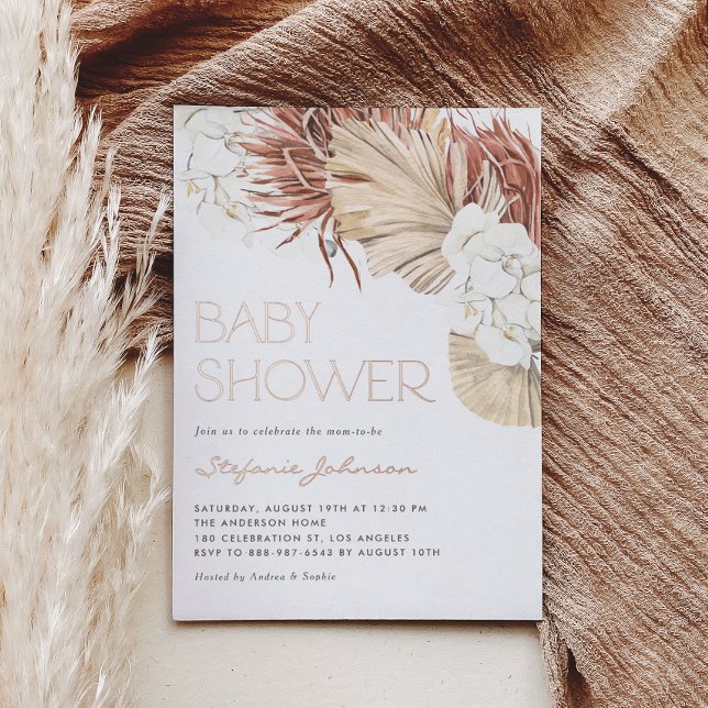 Getrocknete Palme und weiße Orchid Boho Babydusche Folieneinladung (Rose gold foil baby shower invitation featuring watercolor orchids, pampas grass, and dried palm.)