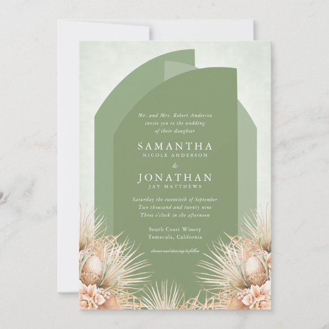 Getrocknete Palms Sage Green Wedding Einladung (Vorderseite)
