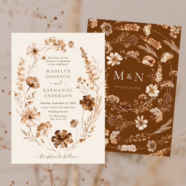 Getrocknete Wildblumen Erdtöne Boho Gartenhochzeit Einladung (Von Creator hochgeladen)