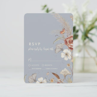 Getrocknete Wildblumen Hochzeit BOHO Staubblau RSVP Karte