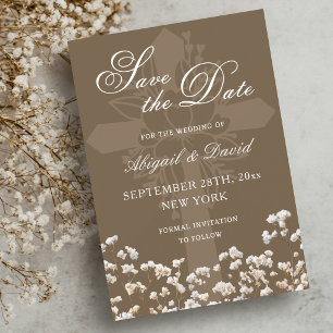 Getrocknetes Baby's Breath auf brauner religiöser  Save The Date