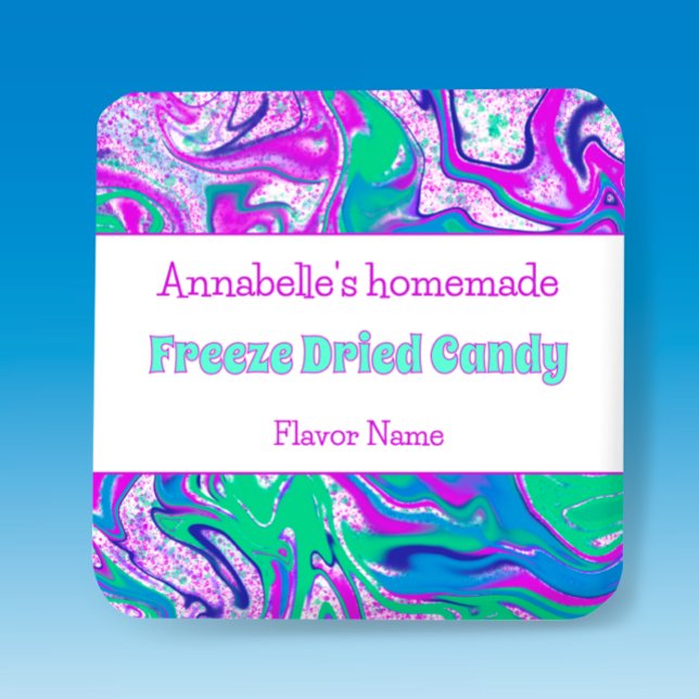 Getrocknetes, benutzerdefiniertes Etikett für Süßw Quadratischer Aufkleber (Freeze dried candy product label template to customize. Vibrant colorful unique editable sticker 
)
