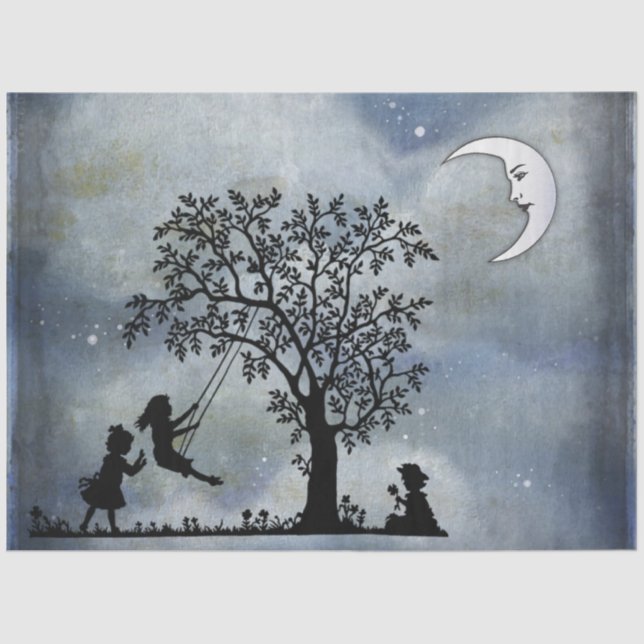 Gewebe mit Mond und Kindern spielen Seidenpapier (Vorderseite)