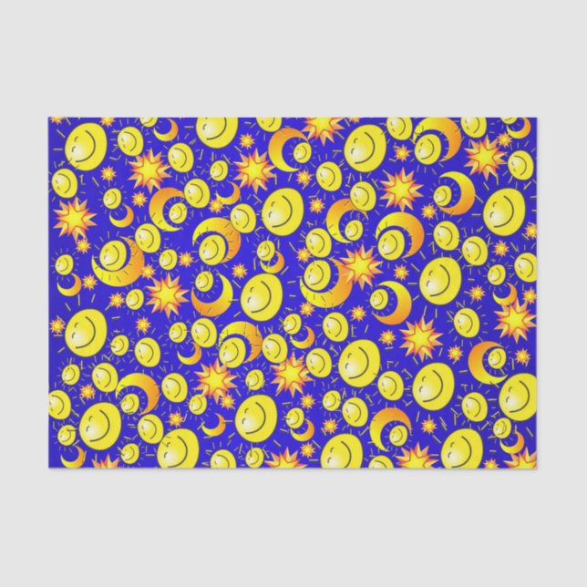 Gewebe Papier Moon Sun Yellow Stars Blau (Vorderseite)