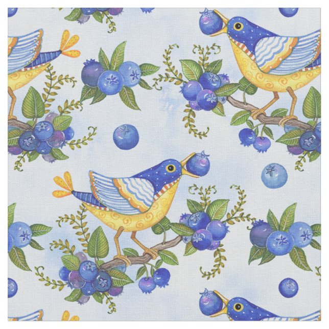 GEWEBE-WUNDERLICHES VOGEL-BLAUBEERblau-AQUARELL Stoff (Nahaufnahme)