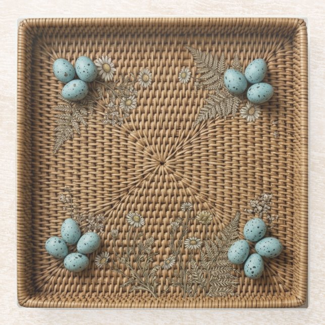 Gewebter Rattan & Blaue Vogeleier Quadratischer Gl Glasuntersetzer (Vorderseite)