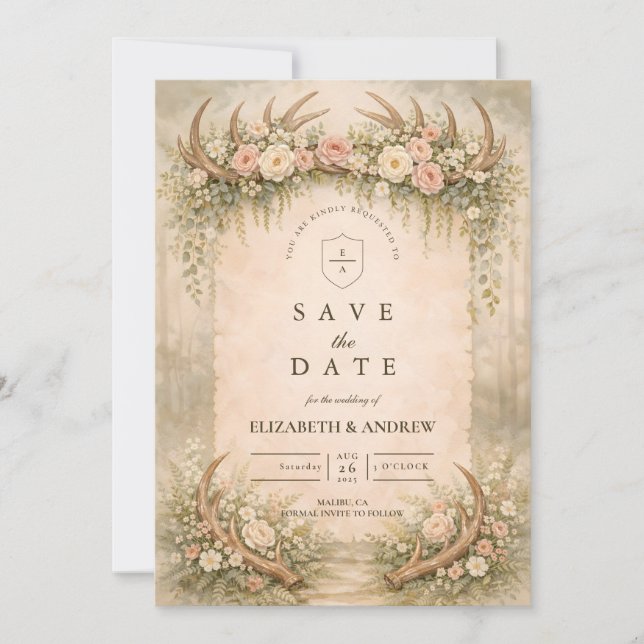 Geweih Florale Waldhochzeit Save The Date (Vorderseite)