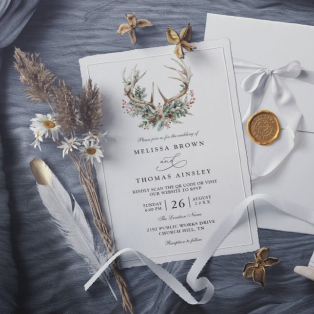 Geweih Rustikale Blumen Grüne QR-Code Hochzeit Einladung (Von Creator hochgeladen)