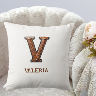 Gewerkter westlicher Lederinitial-Monogramm V Kissen