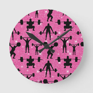 Gewichtheben Fitness Workout Sport Rosa Glitter Runde Wanduhr