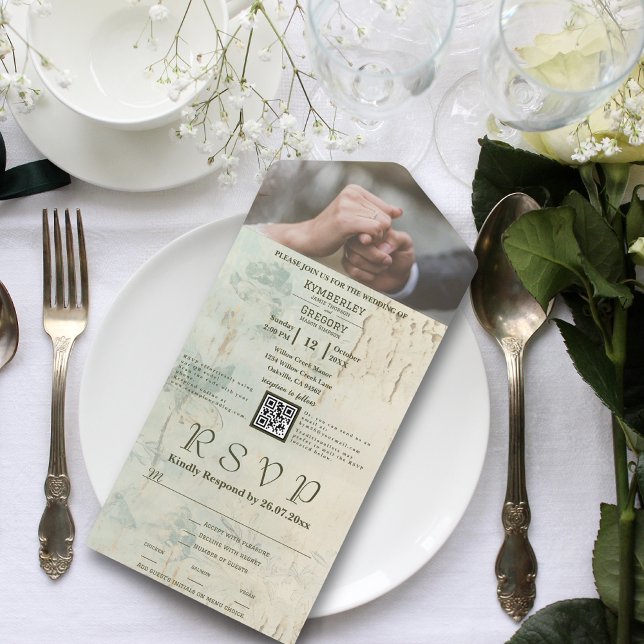 Gewitterte Textur mit floralen Hinten QR Code Foto All In One Einladung (Von Creator hochgeladen)