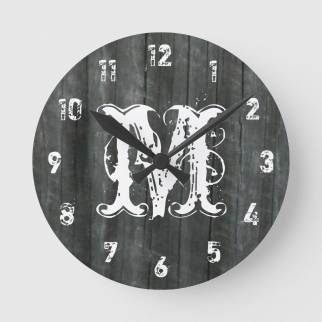 Gewogenes Stallholz, Inspiriert Monogram-Uhr Runde Wanduhr (Vorderseite)