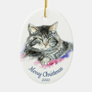Gewohnheits-datierte WeihnachtsAquarelltabby-Katze Keramik Ornament