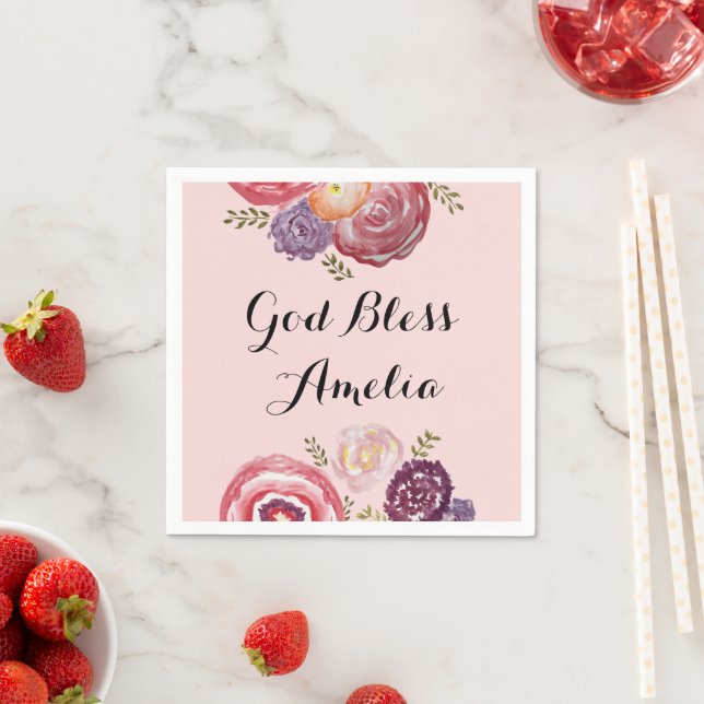 Gewöhnliche Taufe Gott segne rosa Blume Serviette (Beispiel)