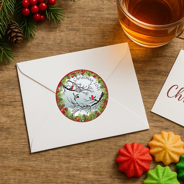 Gewohnte Vögel in schneebedeckten Nadeln Red Berri Runder Aufkleber (Von Creator hochgeladen)