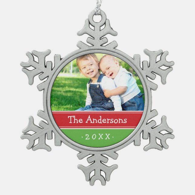Gewohntes Foto Familienfreundlich Saft Urlaub Orna Schneeflocken Zinn-Ornament (Vorderseite)