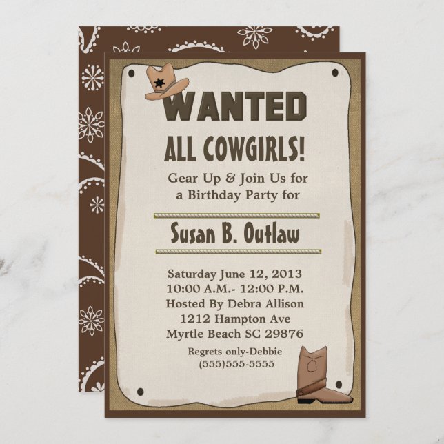 Gewollt Poster Cowgirl/Cowboy Geburtstag Einladung (Vorne/Hinten)