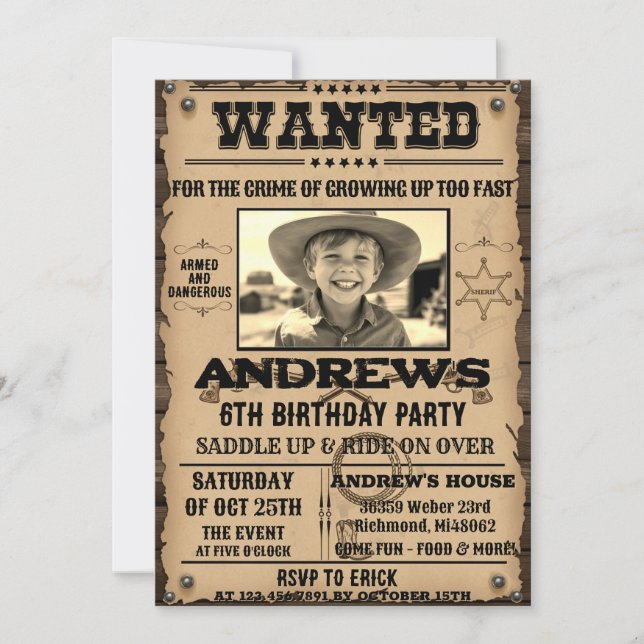 Gewollt Poster Western Cowboy mit Foto Geburtstag Einladung (Vorderseite)