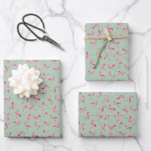 Geworfene Wasserfarb-Flamingos auf Hellgrün Geschenkpapier Set