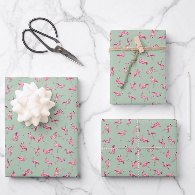 Geworfene Wasserfarb-Flamingos auf Hellgrün Geschenkpapier Set (Vorderseite)