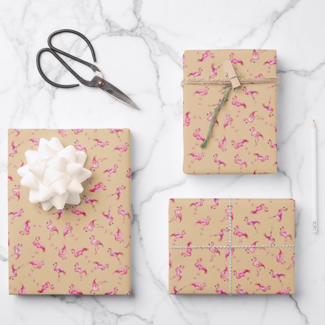 Geworfene Wasserfarben-Flamingos auf Hellorange Geschenkpapier Set (Vorderseite)