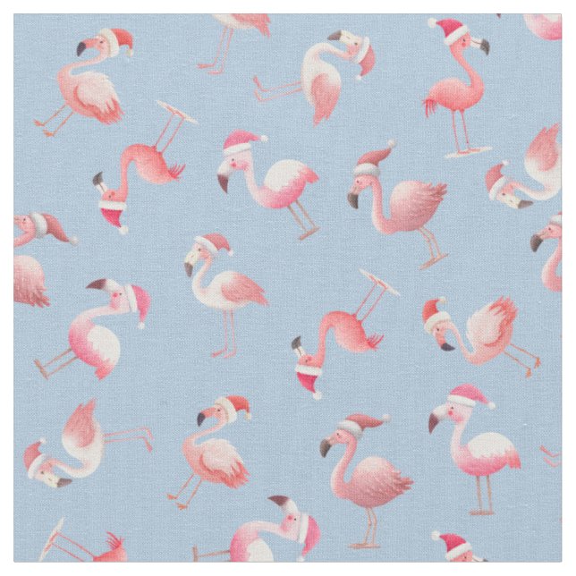 Geworfene Weihnachtsflamingos auf Hellblau Stoff (Nahaufnahme)