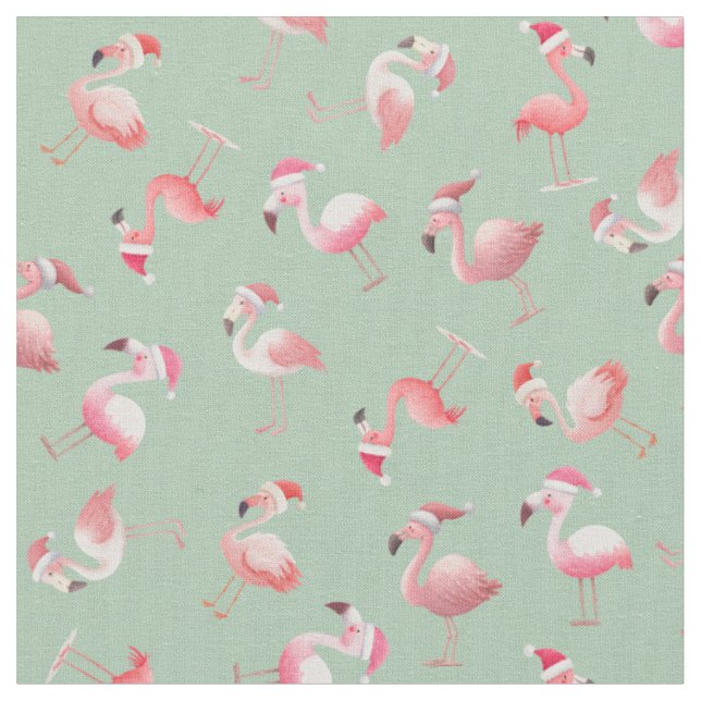 Geworfene Weihnachtsflamingos auf Hellgrün Stoff (Nahaufnahme)