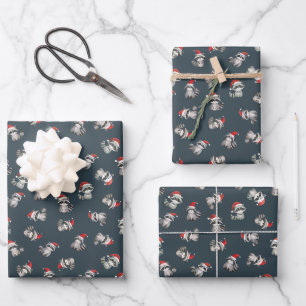 Geworfene Weihnachtswaschbären auf dunklem Grau-Bl Geschenkpapier Set
