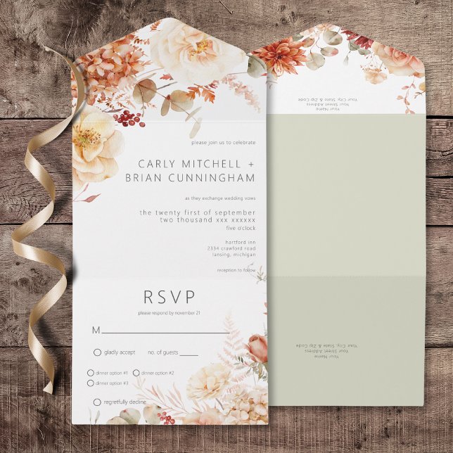 Gewürzfall Rost & Blush Boho Abendessen mit floral All In One Einladung (Spicy Fall Rust & Blush Boho Floral All In One Wedding Invitation with Dinner Options)