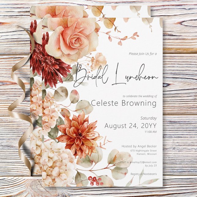Gewürzfall Rost & Blush Boho Blumenbrücke Mittages Einladung (Spicy Fall Rust & Blush Boho Floral Bridal Lunch Invitation)