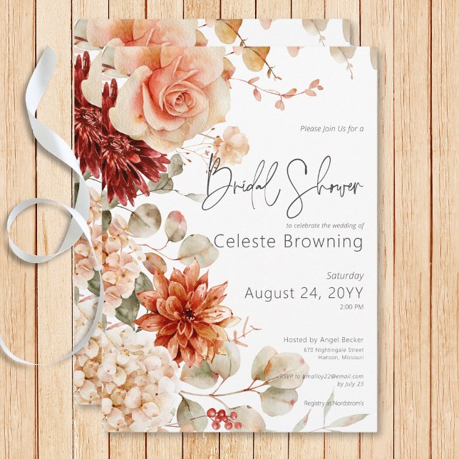 Gewürzfall Rust & Blush Boho Brautparty Einladung (Spicy Fall Rust & Blush Boho Floral Bridal Shower Invitation)