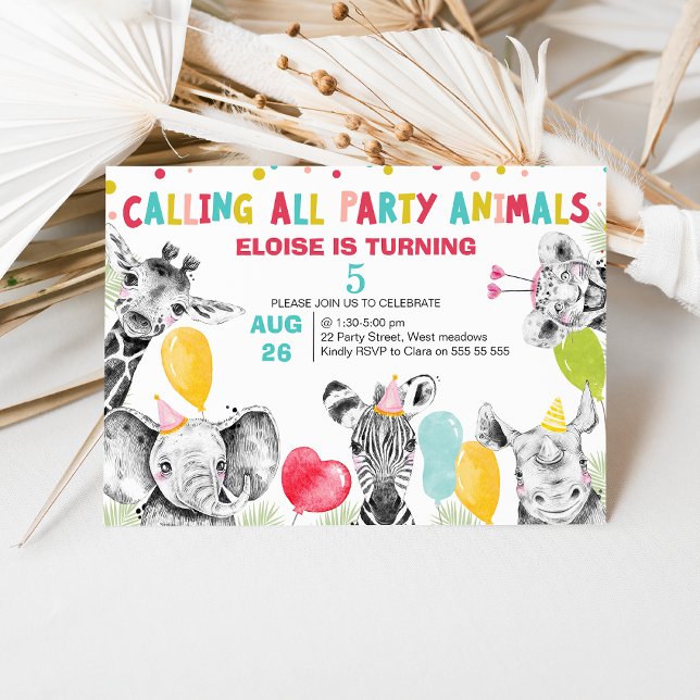 Gezeichnet Aufruf aller Party Tiere Safari Geburts Einladung (Colorful Calling All Party Animals Safari Birthday Invitation, Jungle Animals, Balloons, Party Hats)