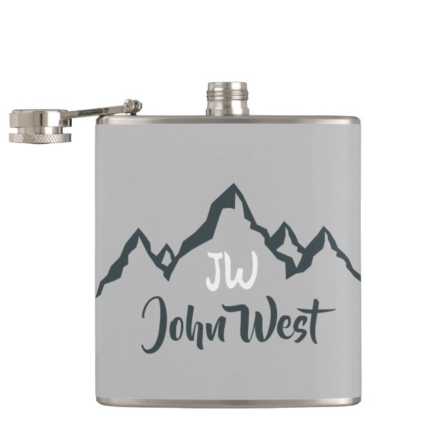 Gezeichnet Bergkette personalisierbare Monogramm Flachmann (Geöffnet)